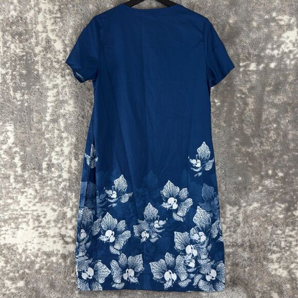 Misslook Size M Floral Print V Neck Midi Shirt Dress Blue Short Sleeve Pullover - Picture 3 of 9